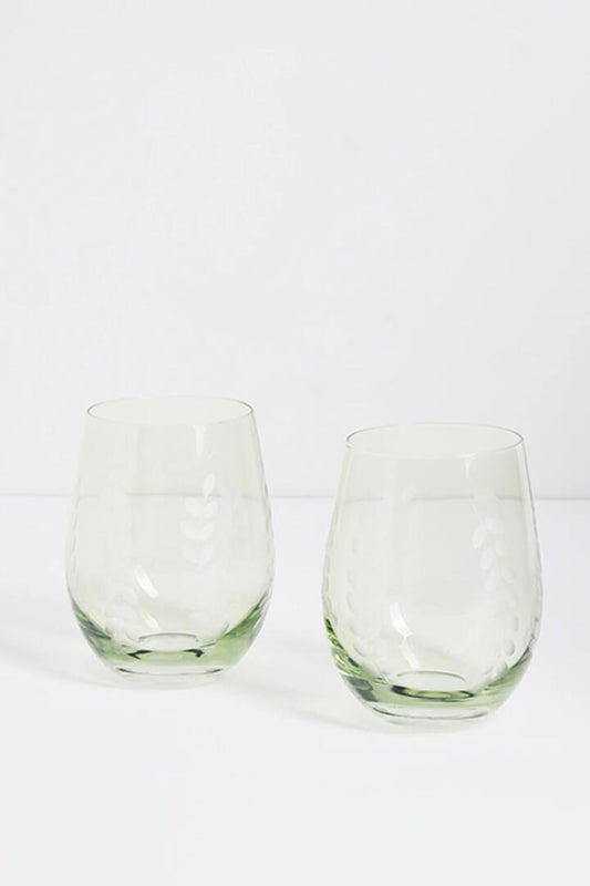 Image of Kitchen & Dining. Product name - Olive Green Etched Leaf Set 2 Stemless Wine Glasses in Green colour by brand - Willow & Mae