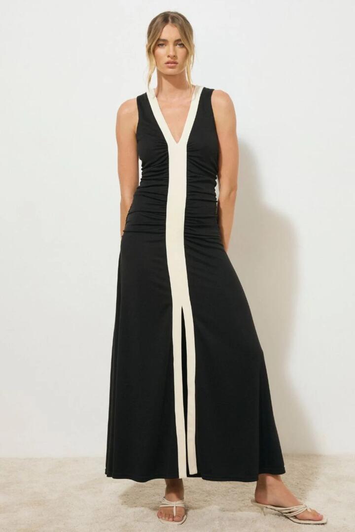 Image of Dresses. Product name - Era Monochrome Jersey Knit Sleeveless Midi Dress in Black colour by brand - Mon Renn
