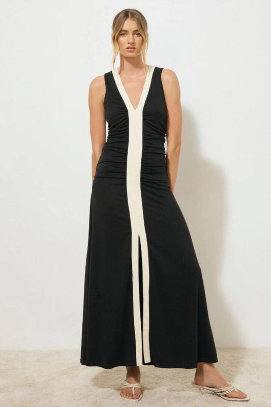 Image of Dresses. Product name - Era Monochrome Jersey Knit Sleeveless Midi Dress in Black colour by brand - Mon Renn