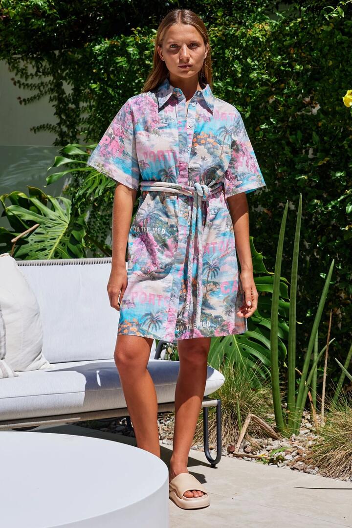 Image of Dresses. Product name - Bora Bora Pink Summer On The Med SS Mini Shirt Dress in Pink colour by brand - Walnut
