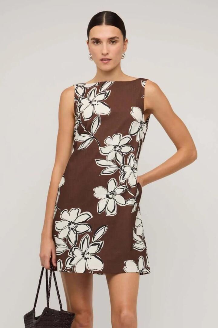 Image of Dresses. Product name - Elara Brown Floral Sleeveless Mini Dress in Brown colour by brand - Staple The Label