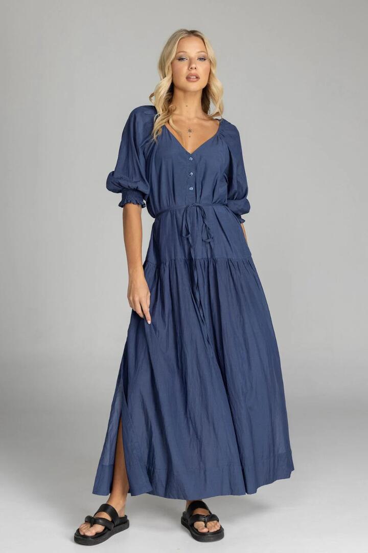 Image of Dresses. Product name - Whispered Promises Navy Button Front Mid Sleeve Maxi Dress in Navy colour by brand - Blak