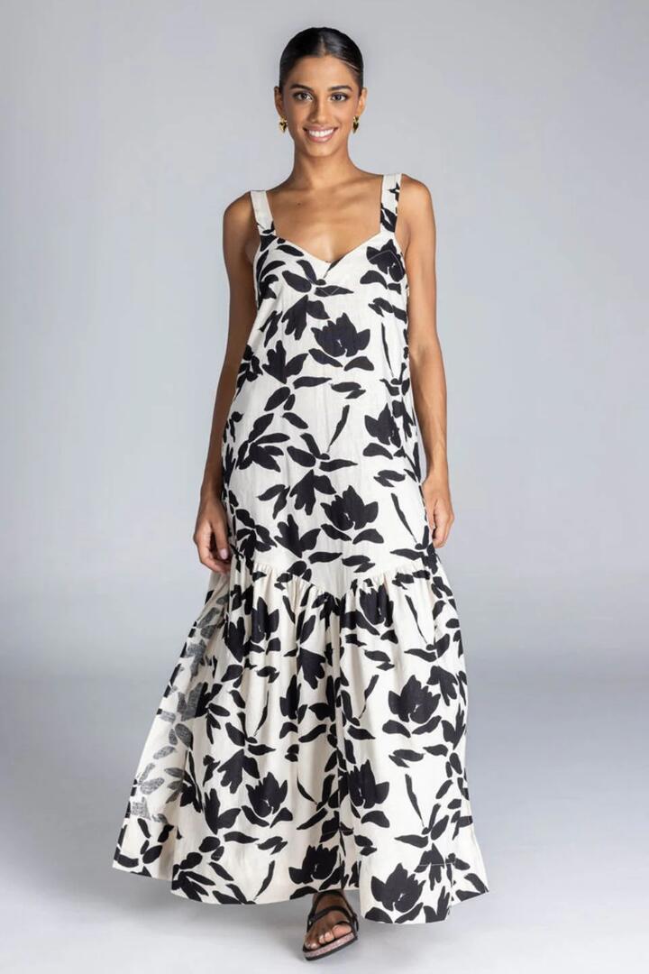 Image of Dresses. Product name - Break Your Heart Ivory Black Floral Cotton Linen Strappy Maxi Dress in Black colour by brand - Blak