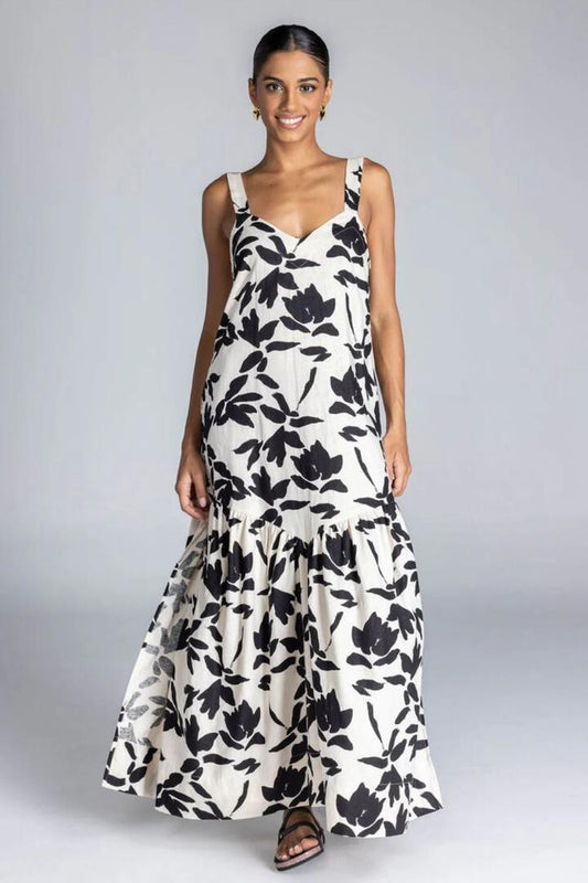 Image of Dresses. Product name - Break Your Heart Ivory Black Floral Cotton Linen Strappy Maxi Dress in Black colour by brand - Blak