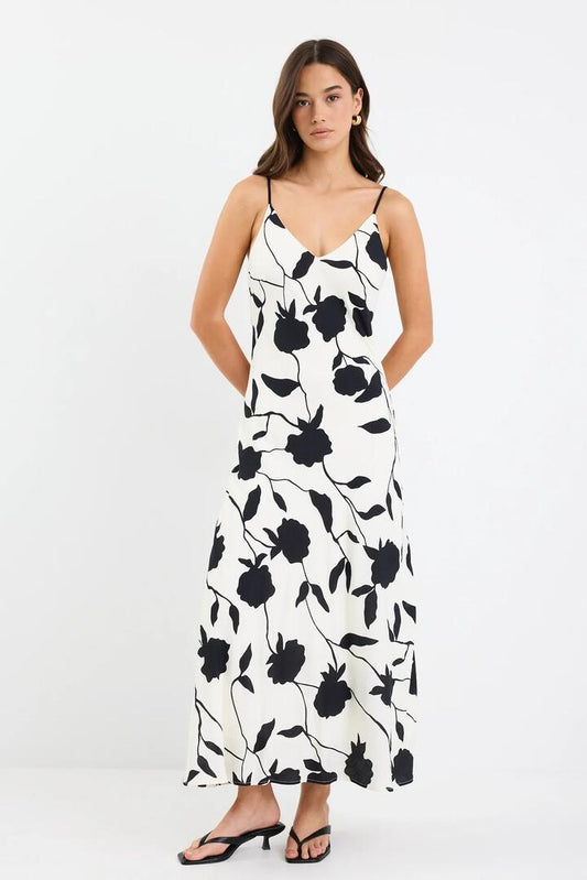 Image of Dresses. Product name - Saturn Ivory Floral Strappy Bias Slip Maxi Dress in Ivory Floral colour by brand - Stories be Told