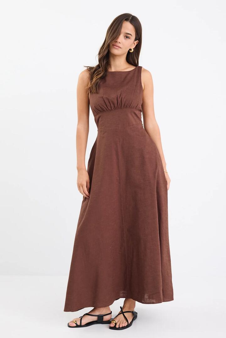 Image of Dresses. Product name - Cairo Chocolate Cotton Linen Sleeveless Midi Dress in Chocolate colour by brand - Among the Brave