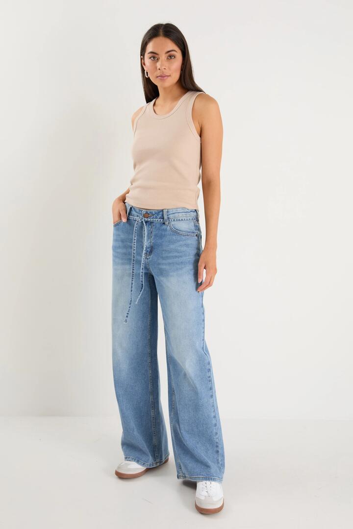 Image of Jeans. Product name - College Light Blue Wide Leg Tie Belt Jean in Light Blue colour by brand - Stories be Told