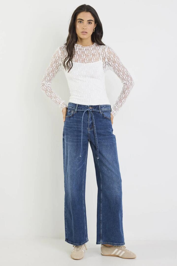 Image of Jeans. Product name - College Deep Blue Wide Leg Tie Belt Jean in Deep Blue colour by brand - Stories be Told