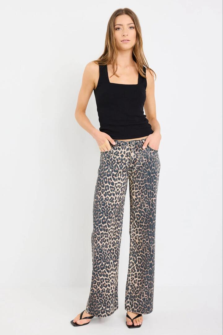 Image of Jeans. Product name - Manhattan Chocolate Animal Mid Rise Wide Leg Jeans in Chocolate Animal colour by brand - Stories be Told