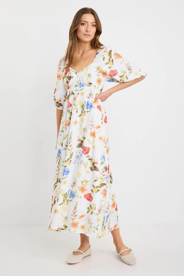 Image of Dresses. Product name - Posy Cream Garden Print Sweetheart Puff Sleeve Midi Dress in Cream Garden Print colour by brand - Ivy + Jack
