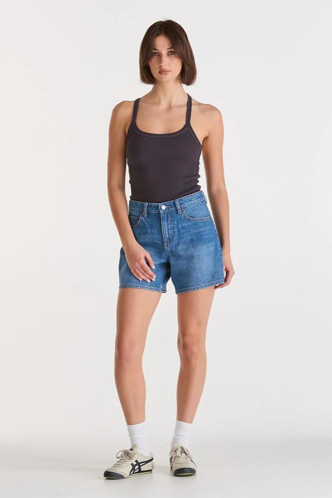 Image of a model wearing Shorts. Product name - Mid Straight Blue Letter Short in Blue colour by brand - Lee