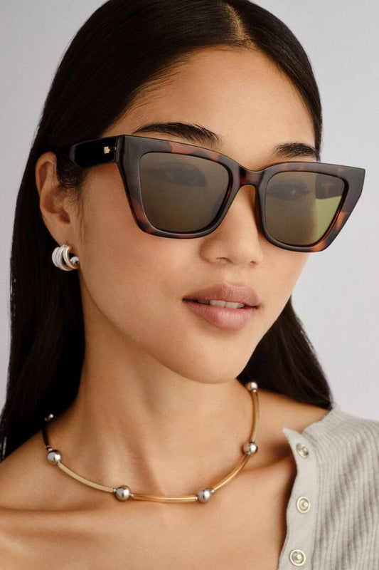 Image of Sunglasses. Product name - Le Coeur Dark Tort Rounded Cat Eye Moss Lens Sunglasses in colour by brand - Le Specs