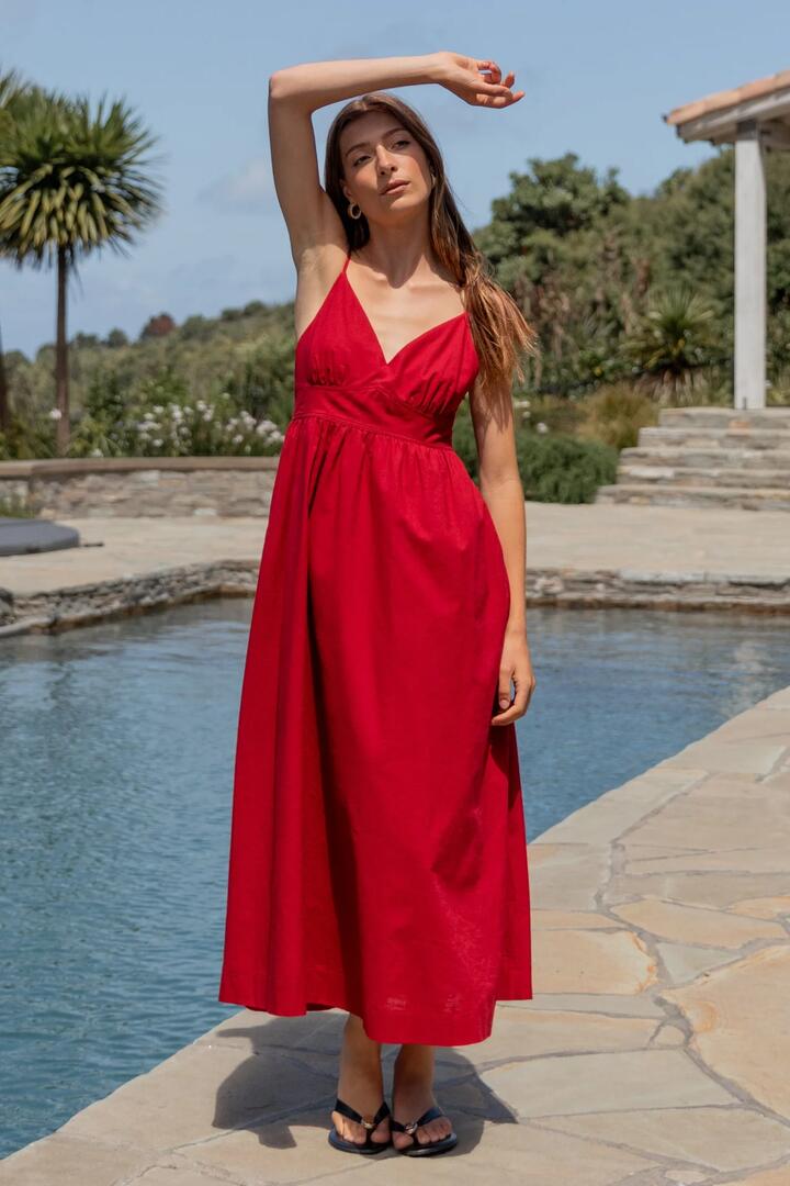 Image of Dresses. Product name - Heat Plum Linen Blend Strappy Midi Dress in Plum colour by brand - RE:UNION Label