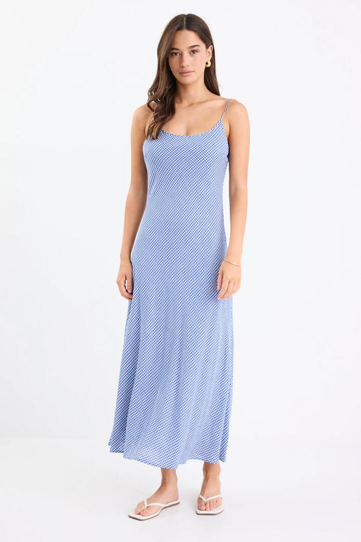 Image of Dresses. Product name - Hologram Electric Blue Mini Gingham Strappy Bias Slip Maxi Dress in Electric Blue Mini Gingham colour by brand - Among the Brave