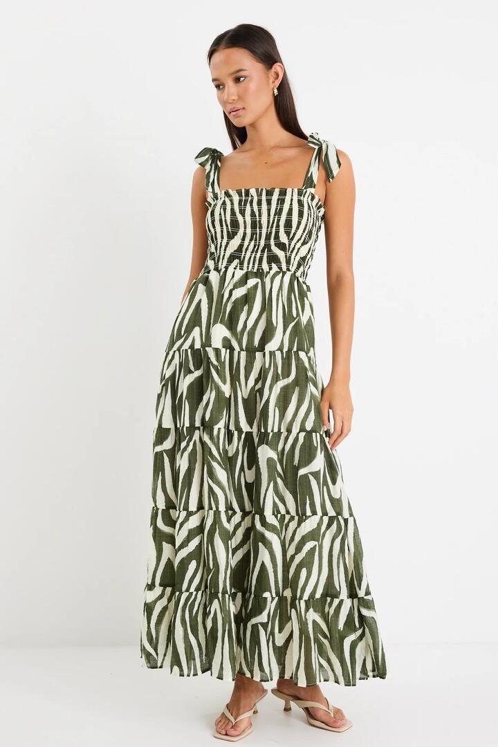 Image of Dresses. Product name - Isabella Khaki Zebra Strappy Tiered Maxi Dress in Khaki Zebra colour by brand - Ivy + Jack