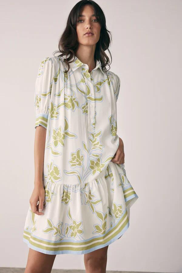 Image of Dresses. Product name - Tranquility Olive Floral Belted SS Mini Dress in Green colour by brand - Esmaee