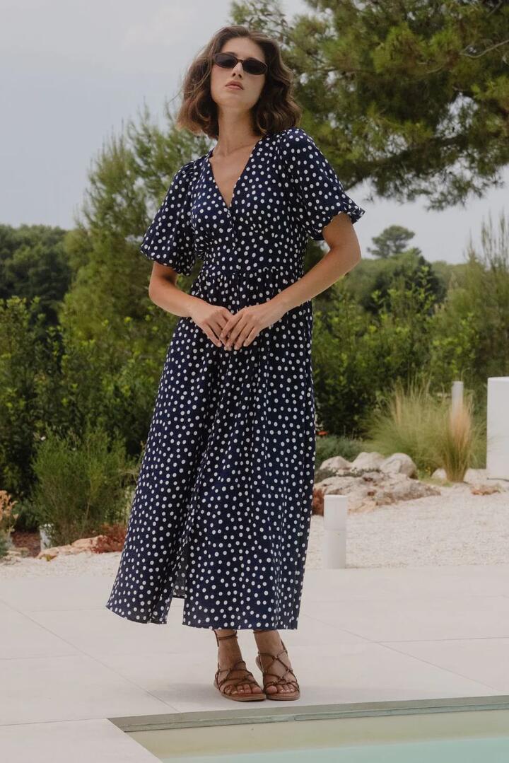Image of Dresses. Product name - Lisbon Navy Polka Dot Puff Sleeve Midi Dress in Navy Polka Dot colour by brand - Stories be Told