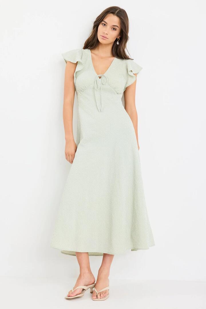 Image of Dresses. Product name - Ovation Sage Gingham Flutter SS Keyhole Tie Midi Dress in Sage Gingham colour by brand - Among the Brave