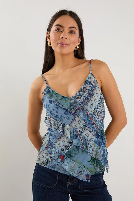 Image of a model wearing Tops. Product name - Outgoing Blue Scarf Print Frill Front Cami Top in Blue Scarf Print colour by brand - Georgia Zoe