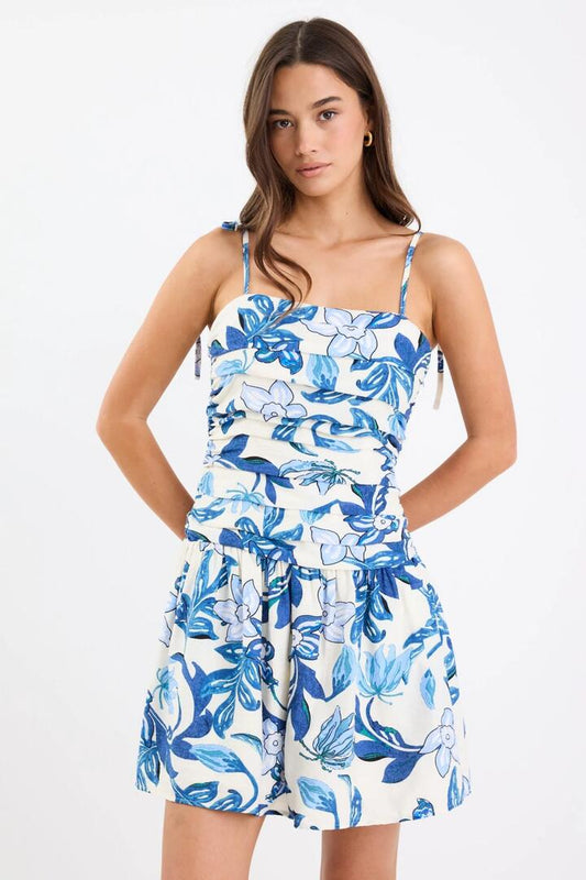 Image of Dresses. Product name - Firenze Blue Floral Strappy Pleated Bodice Mini Dress in Blue Floral colour by brand - Stories be Told