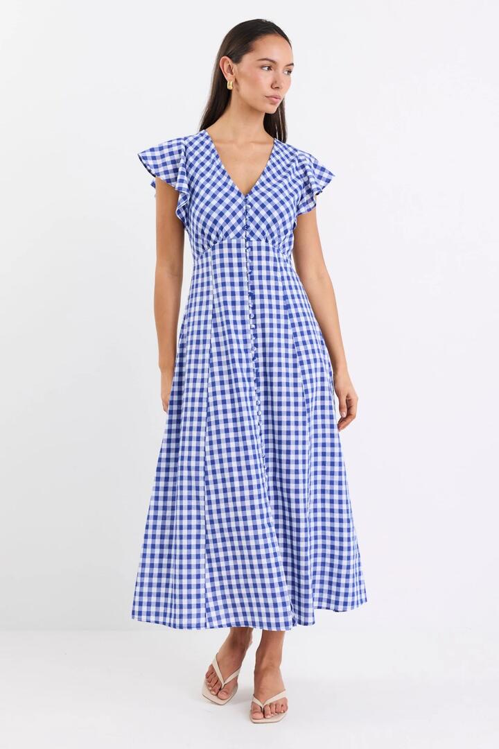 Image of Dresses. Product name - Flawless Blue Gingham Cotton Fluted Sleeve Button Front Midi Dress in Blue Gingham colour by brand - Among the Brave