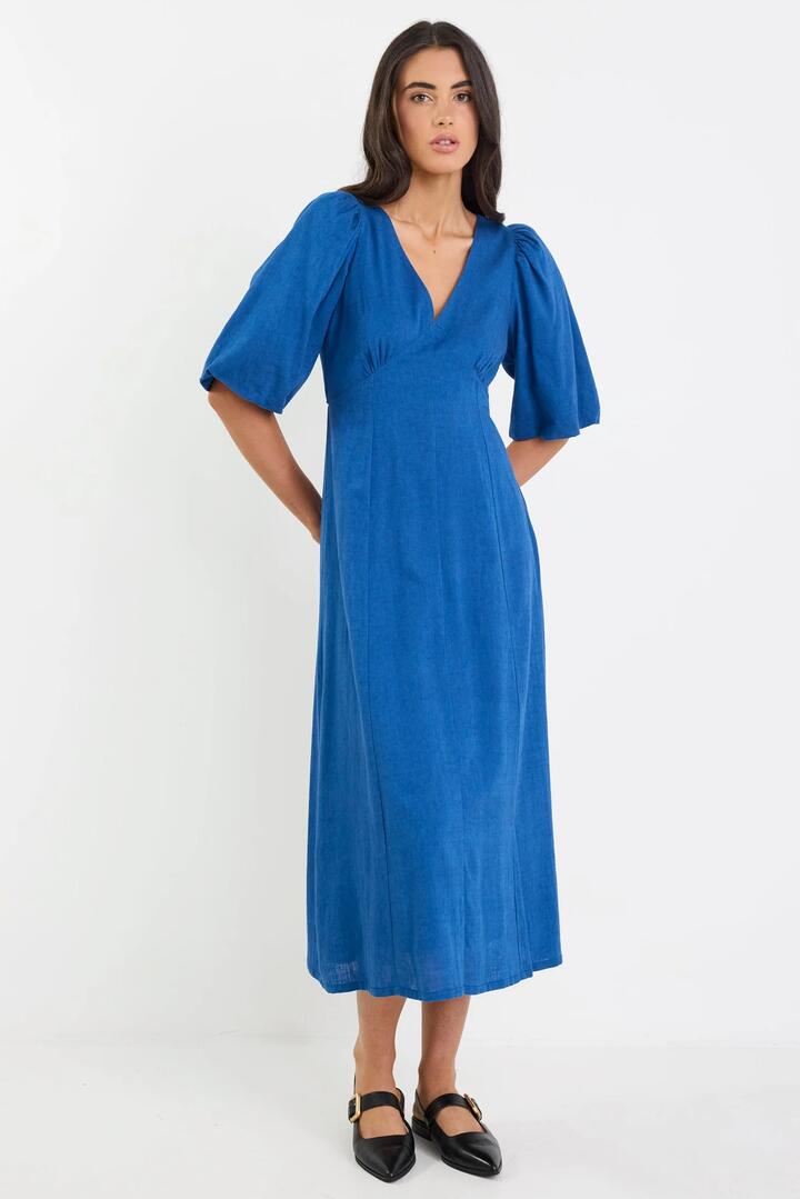 Image of Dresses. Product name - Port True Blue Mid Sleeve V Neck Midi Dress in True Blue colour by brand - Among the Brave