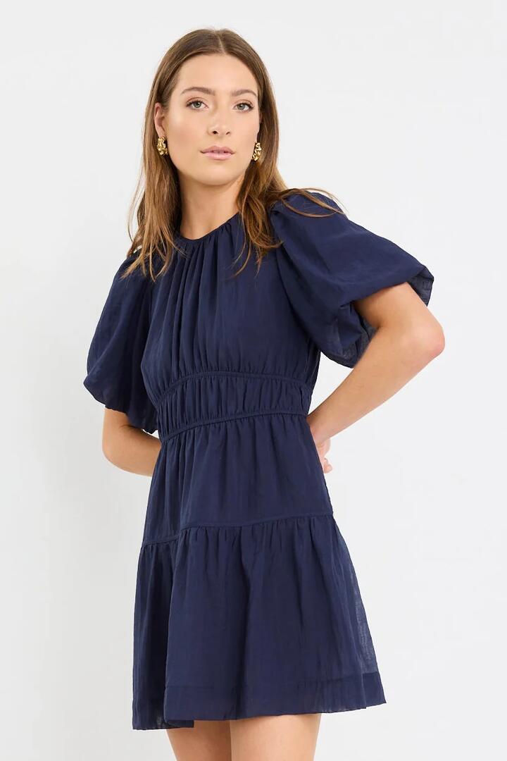 Image of Dresses. Product name - Girlfriend Navy Puff Sleeve Tie Back Mini Dress in Navy colour by brand - Georgia Zoe