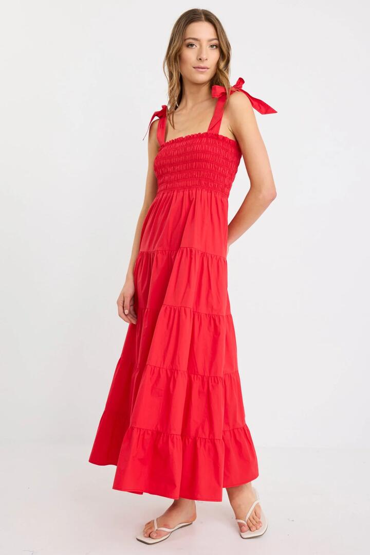 Image of Dresses. Product name - Isabella Cherry Red Cotton Poplin Strappy Tiered Maxi Dress in Cherry Red colour by brand - Ivy + Jack
