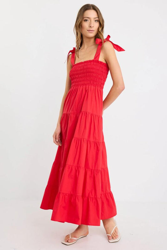 Image of Dresses. Product name - Isabella Cherry Red Cotton Poplin Strappy Tiered Maxi Dress in Cherry Red colour by brand - Ivy + Jack