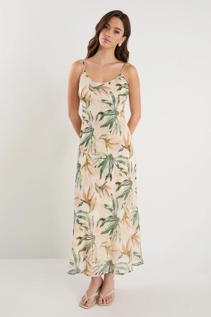 Image of Dresses. Product name - Hologram Palm Breeze Print Bias Slip Midi Dress in Palm Breeze Print colour by brand - Among the Brave