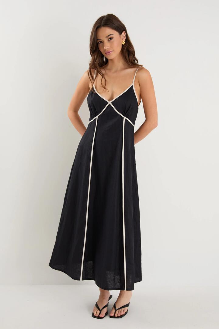 Image of Dresses. Product name - Marine Black Contrast Piped Linen Strappy Maxi Dress in Black colour by brand - Among the Brave