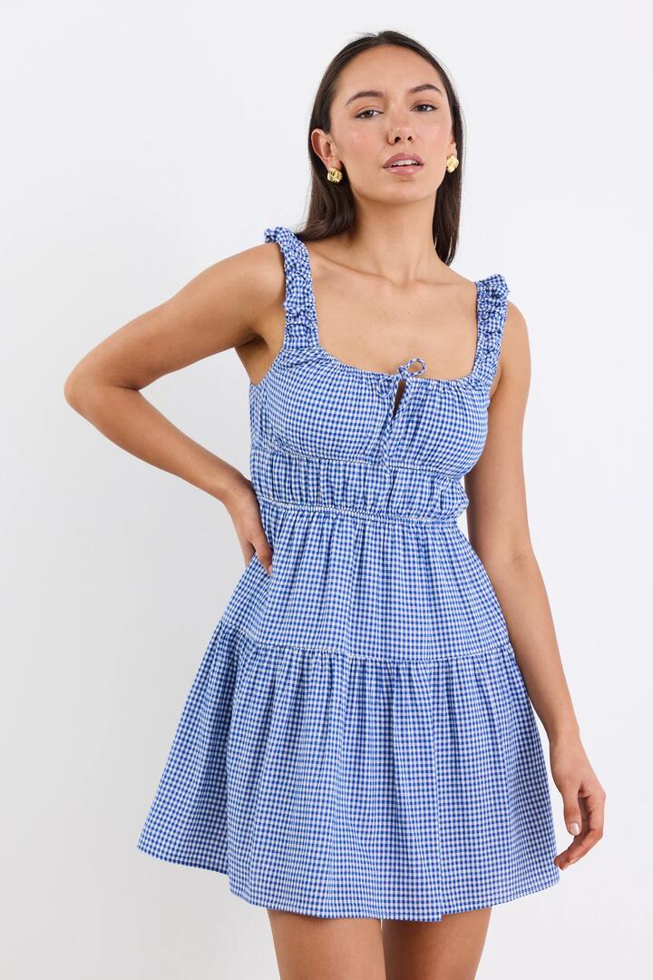Image of Dresses. Product name - Tricky Electric Blue Mini Gingham Sleeveless Mini Dress in Electric Blue Mini Gingham colour by brand - Among the Brave