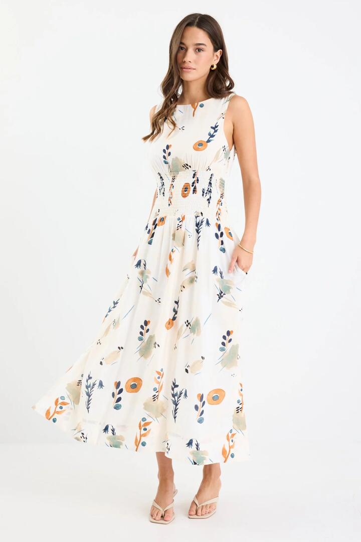 Image of Dresses. Product name - Duchess Earthy Botanical Sleeveless Shirred Waist Maxi Dress in Earthy Botanical colour by brand - Stories be Told