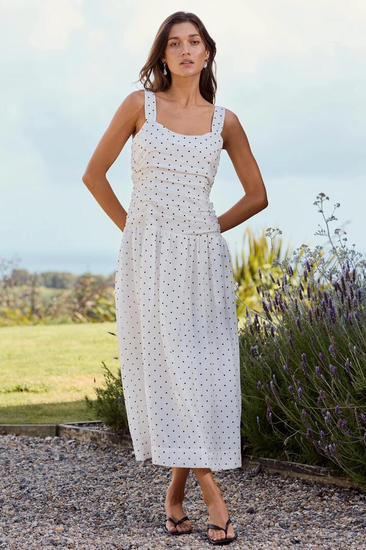 Image of Dresses. Product name - Tide Cream Polka Dot Pleated Bodice Strappy Midi Dress in Cream Polka Dot colour by brand - Stories be Told