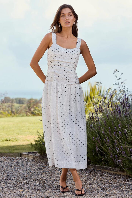 Image of Dresses. Product name - Tide Cream Polka Dot Pleated Bodice Strappy Midi Dress in Cream Polka Dot colour by brand - Stories be Told