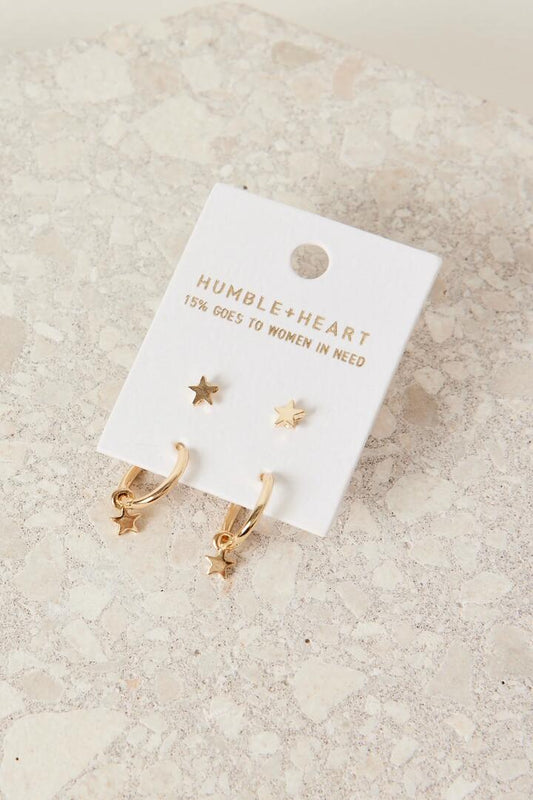 Image of Jewelry. Product name - Star Sleeper Stud Set Gold Earrings in Gold colour by brand - Humble + Heart