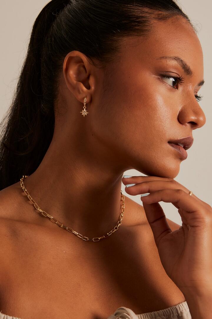 Image of Jewelry. Product name - Stardust Pendant Gold Huggie Earrings in Gold colour by brand - Humble + Heart