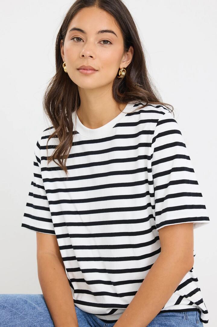 Image of a model wearing Tops. Product name - Binding Black White Stripe Boxy Fit Tee in Black White Stripe colour by brand - RE:UNION Label
