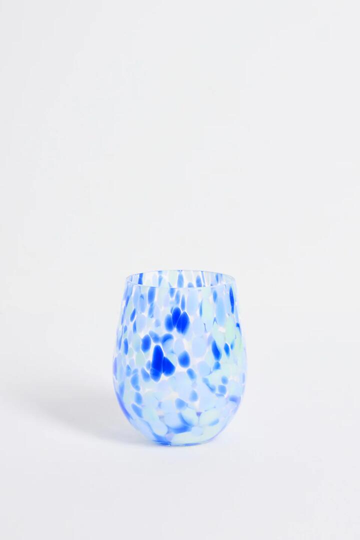 Image of Kitchen & Dining. Product name - Stemless Blue Green Splatter Wine Glass in Blue colour by brand - Willow & Mae