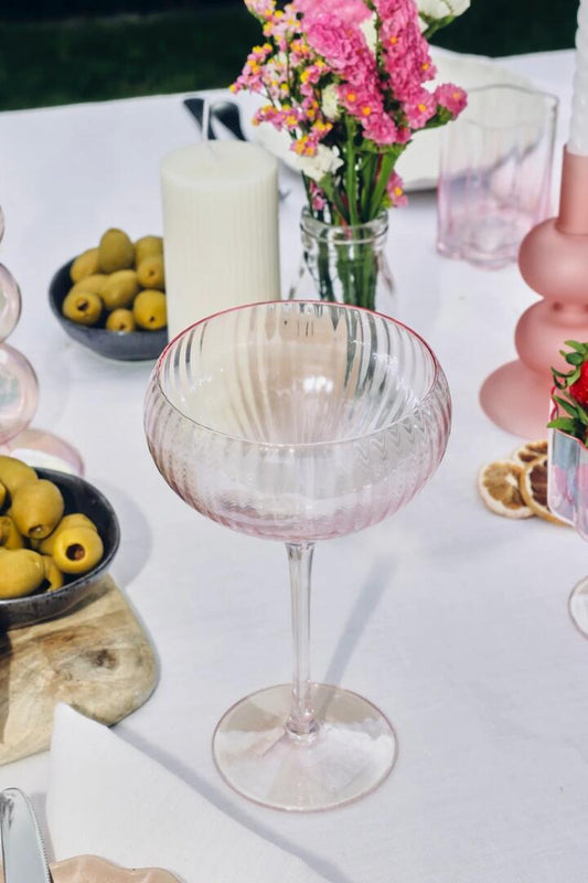 Image of Kitchen & Dining. Product name - Pink Ripple Wide Champagne Wine Glass in Pink colour by brand - Willow & Mae