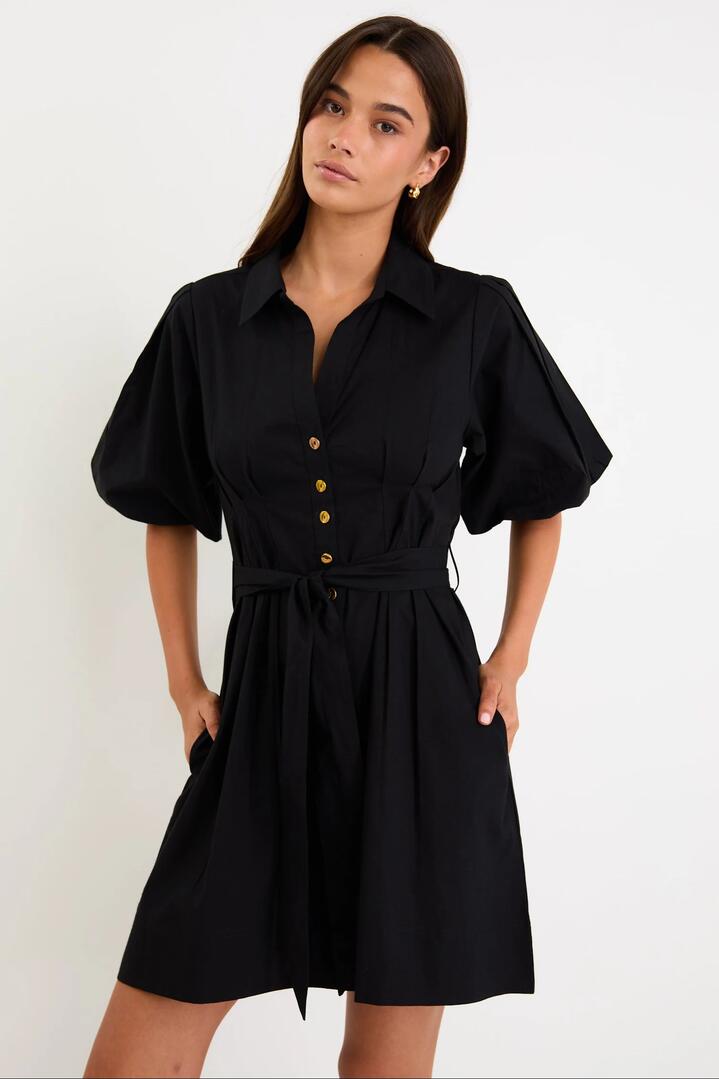 Image of Dresses. Product name - Sundown Black Puff Short Sleeve Mini Shirt Dress in Black colour by brand - Among the Brave