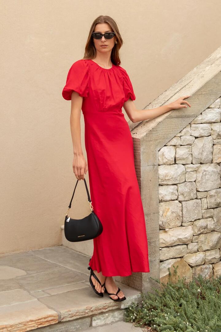 Image of Dresses. Product name - Stage Cherry Puff Sleeve Floaty Maxi Dress in Cherry colour by brand - Stories be Told