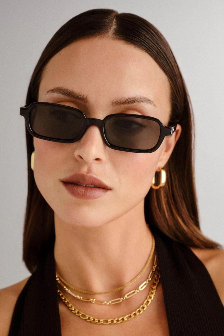 Image of Sunglasses. Product name - Pilferer Black Narrow Rectangular Khaki Lens Sunglasses in Black colour by brand - Le Specs