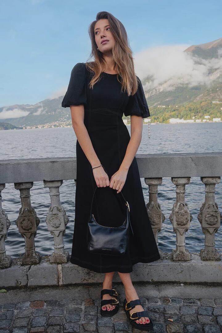 Image of Dresses. Product name - State Black Linen Blend SS Midi Dress in Black colour by brand - Stories be Told