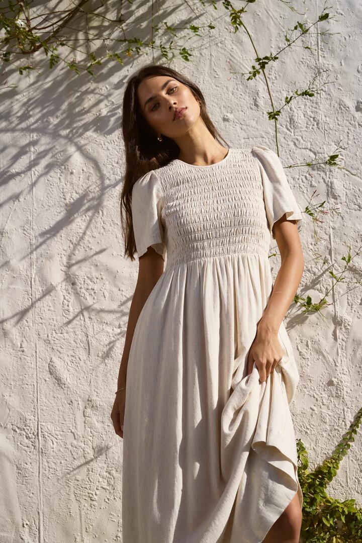 Image of Dresses. Product name - Wren Natural SS Shirred Bodice Midi Dress in Natural colour by brand - RE:UNION Label