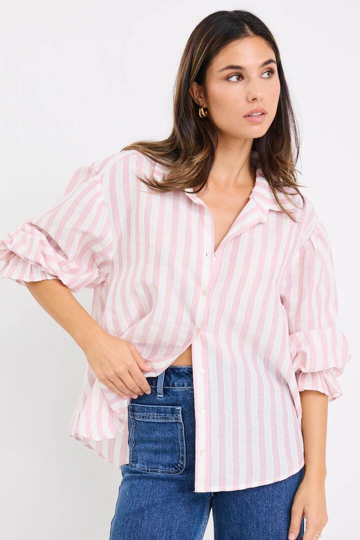 Image of Shirts. Product name - Connection Pink Stripe Button Front Blouse in Pink Stripe colour by brand - By Rosa.