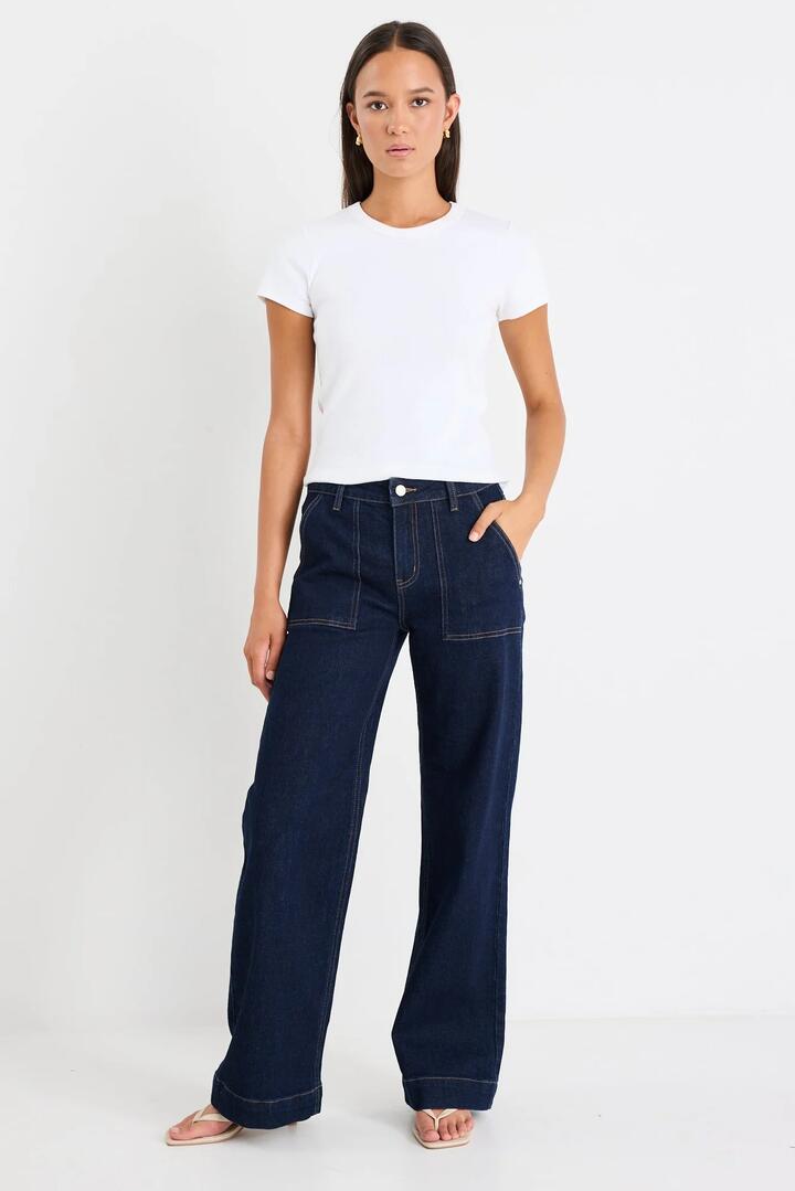 Image of Jeans. Product name - Feature Indigo Mid Rise Front Pocket Wide Leg Jean in Indigo colour by brand - Ivy + Jack