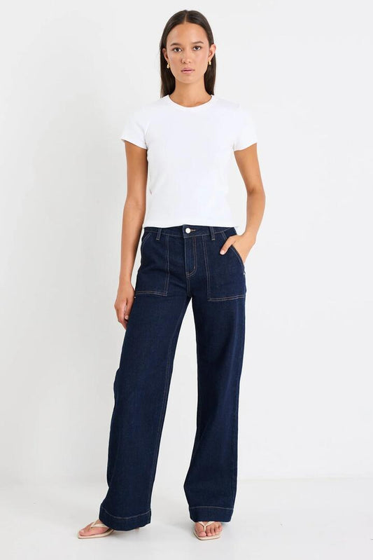 Image of Jeans. Product name - Feature Indigo Mid Rise Front Pocket Wide Leg Jean in Indigo colour by brand - Ivy + Jack