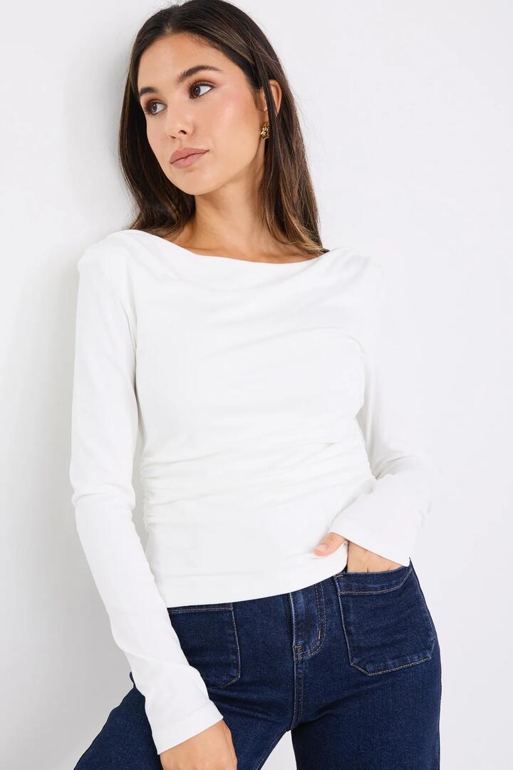 Image of a model wearing Tops. Product name - Alley Ivory Rib Asymmetric Neck Top in Ivory colour by brand - Ivy + Jack