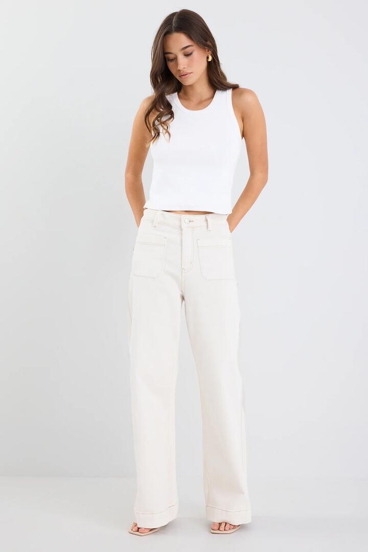 Image of Jeans. Product name - Zoey Ecru High Rise Wide Leg Pocket Jean in Ecru colour by brand - Among the Brave